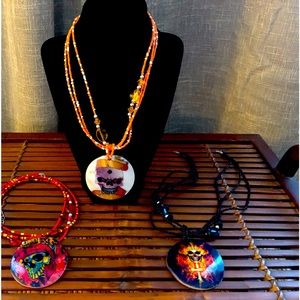 Fantastic Mother of Pearl disk necklaces. Handcrafted, beautiful designs.